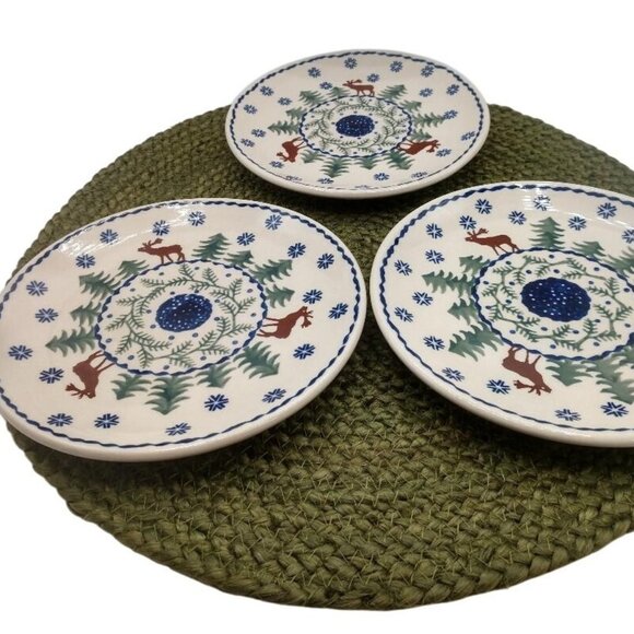 Handmade Polish Pottery Ceramika Boleslawiec 7.25" Salad Plates SetOf3 Reindeer - Picture 1 of 5